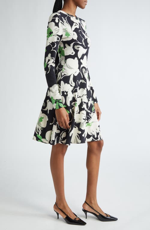 Shop Lela Rose Floral Long Sleeve Jersey Dress In Black Multi