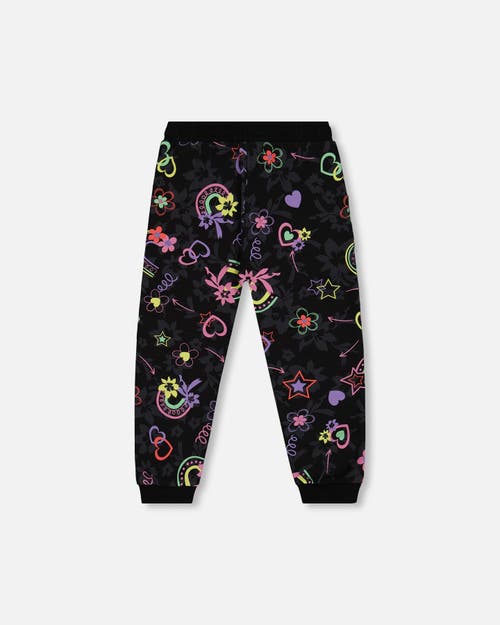 Shop Deux Par Deux Girl's Joggers Black Printed Rainbow Hearts In Printed Hearts & Rainbows