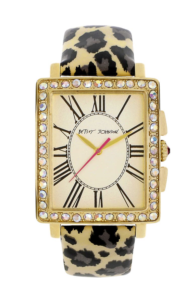 BETSEY JOHNSON Patent Leather Strap Watch, Main, color, GOLD/ LEOPARD
