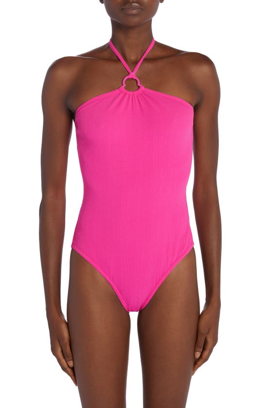 Shop Moncler Halter One-piece Swimsuit In Fuchsia Fedora