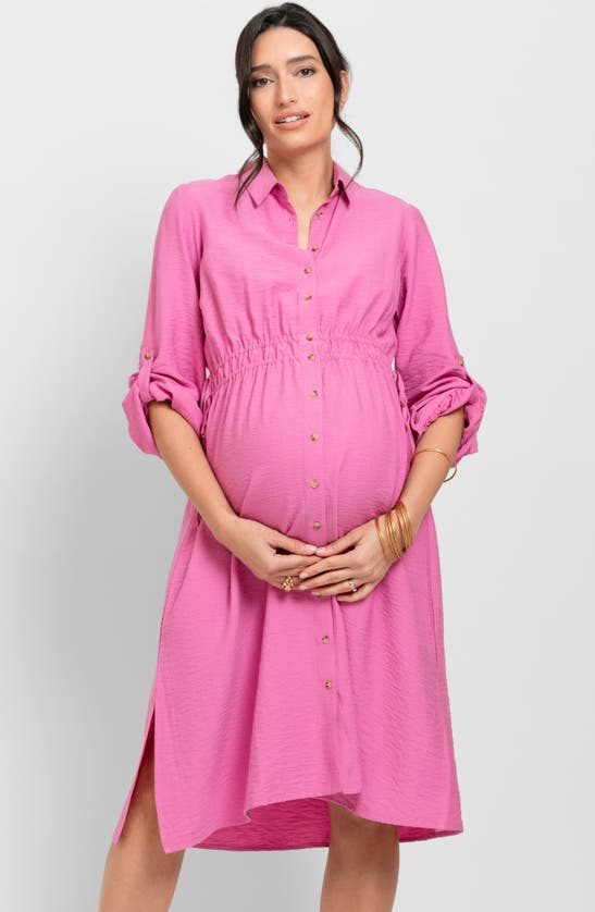 Shop Seraphine Long Sleeve Maternity Shirtdress In Pink