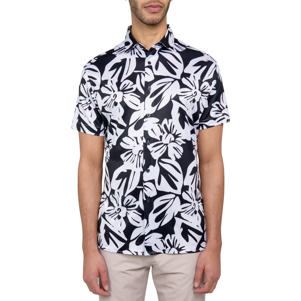 Construct Con.struct Exploded Floral Print Performance Button-down Shirt In Black/white
