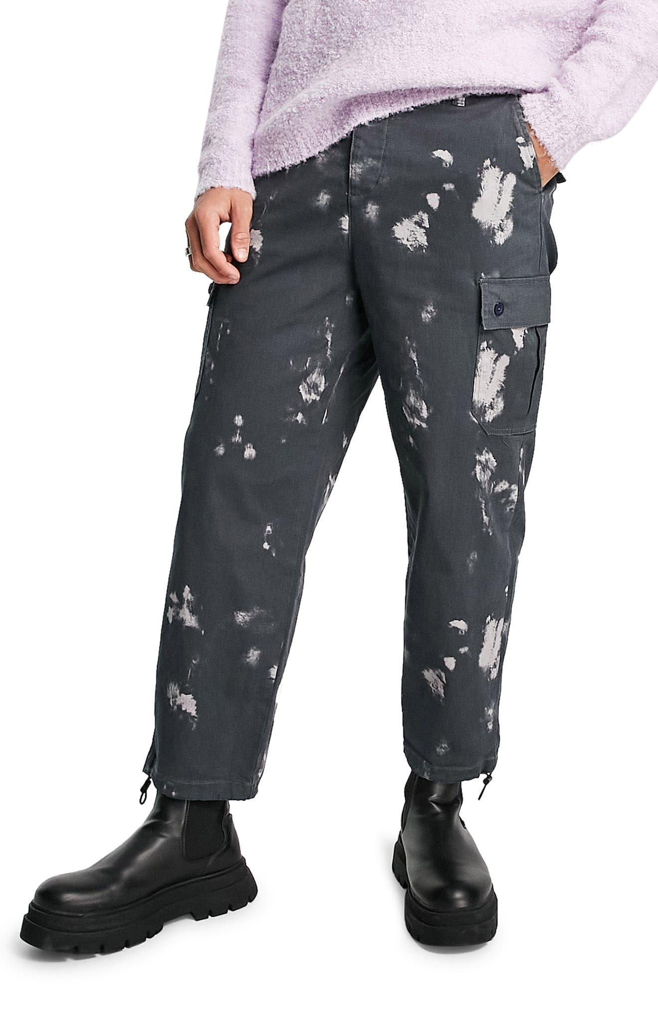 ASOS DESIGN Oversize Tapered Leg Bleach Print Cargo Pants in Medium Blue