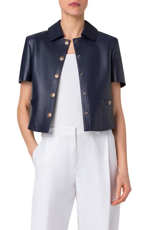 Shop Akris Punto Short Sleeve Perforated Lambskin Leather Crop Jacket In Ink