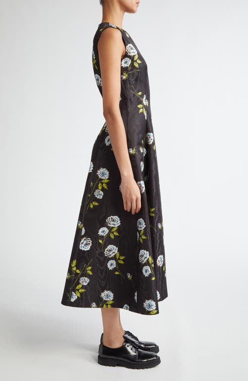 Shop Emilia Wickstead Kalina Floral Moiré A-line Dress In Rose Stems On Black