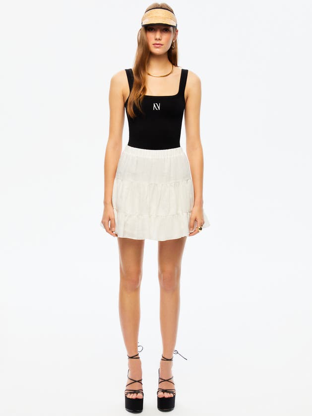 Shop Nocturne Tiered Mini Linen Skirt In Ivory