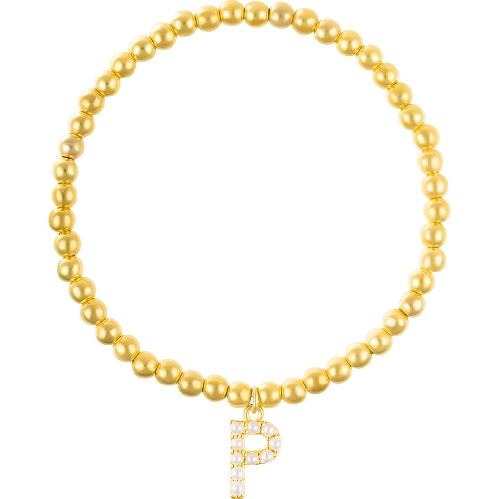 Adornia Faux Pearl Initial Charm Beaded Bracelet In Gold White-p