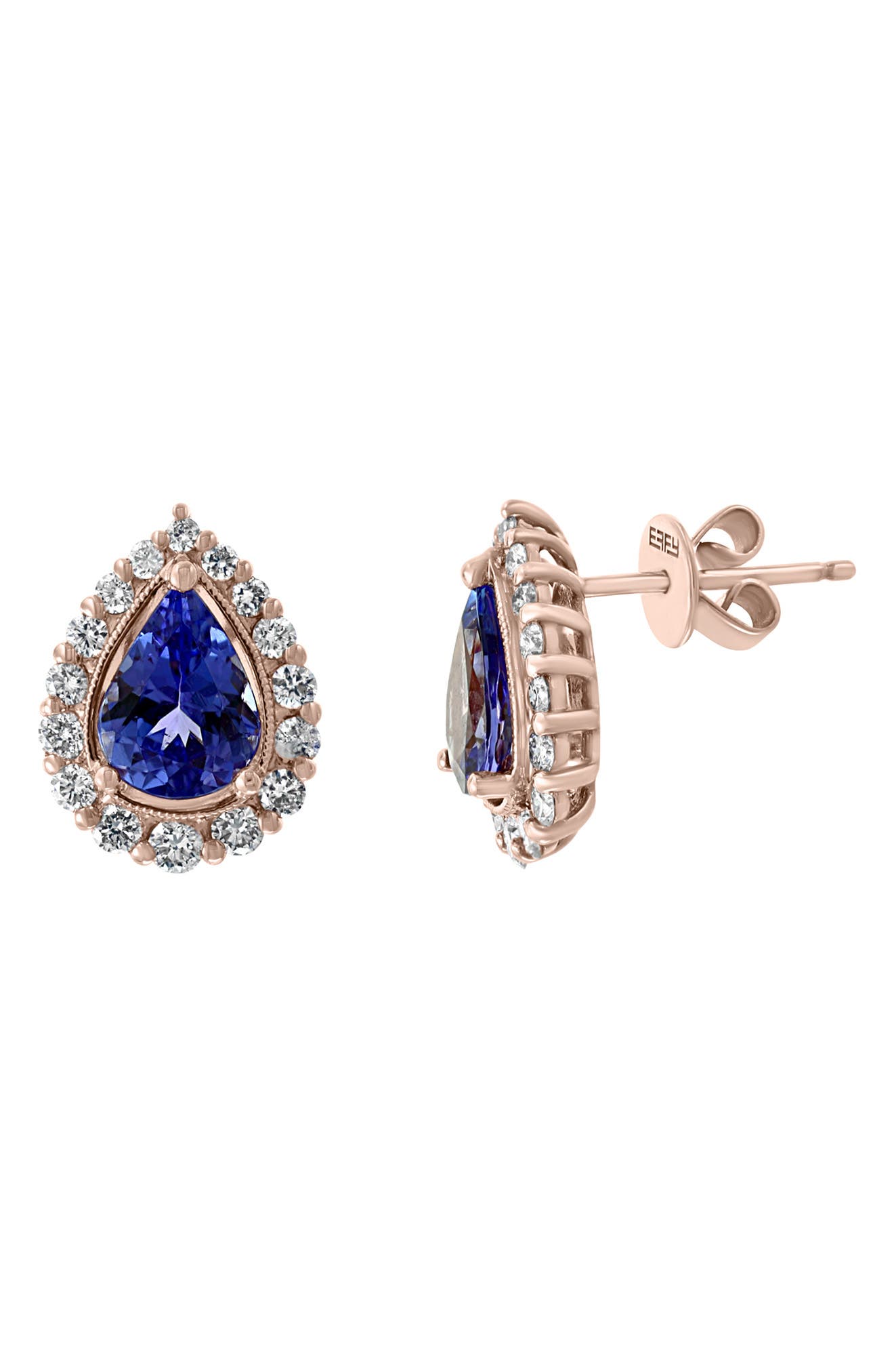 14k Rose Gold Pear-cut Tanzanite & Diamond Halo Stud Earrings In Purple