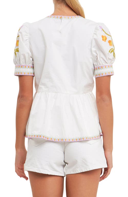 Shop English Factory Embroidered Peplum Cotton Top In Ivory/multi