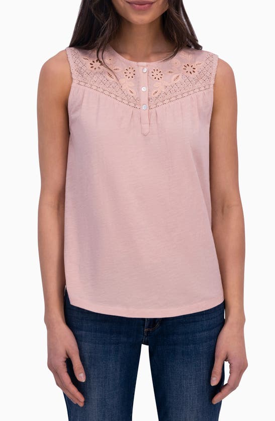 Lucky Brand Eyelet Yoke Half Placket Sleeveless Cotton Top In Sepia Rose