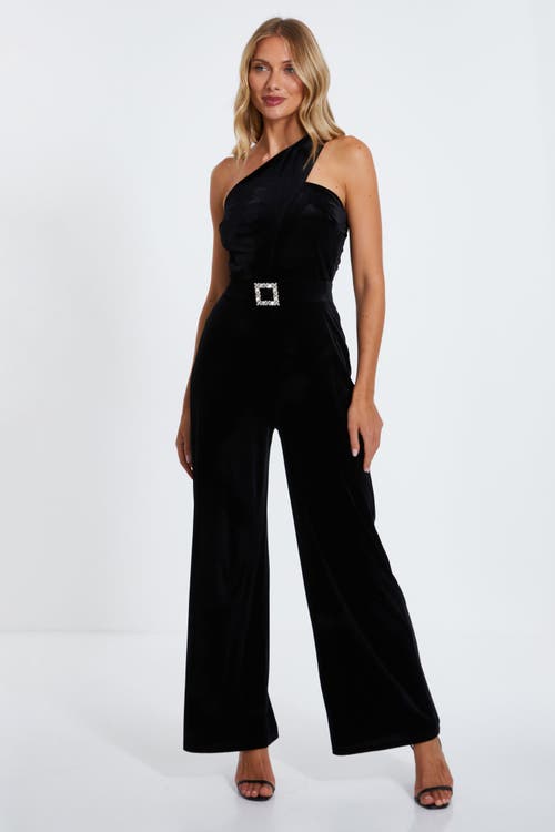 Quiz Velvet Jumpsuit With Embellished Buckle In Black