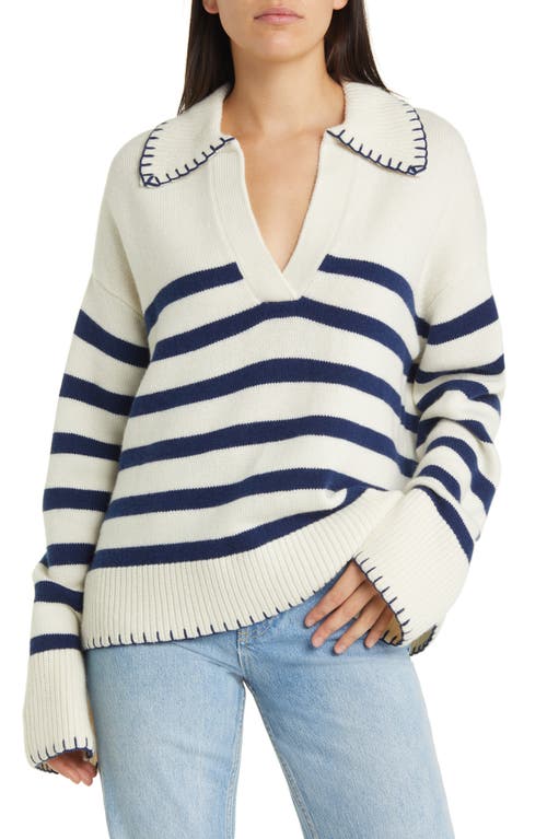 Stripe Wool & Cashmere Polo Sweater in Ivory Navy Stripe