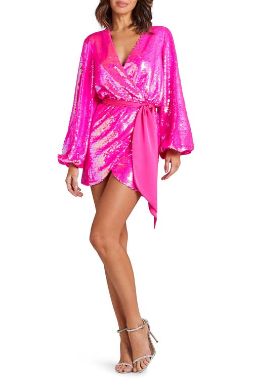 Izzie Sequin Long Sleeve Wrap Dress in Bright Pink