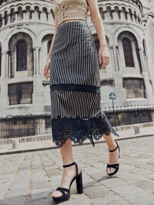 Shop Eddy Lacey Midi Skirt In Black Khaki Stripe