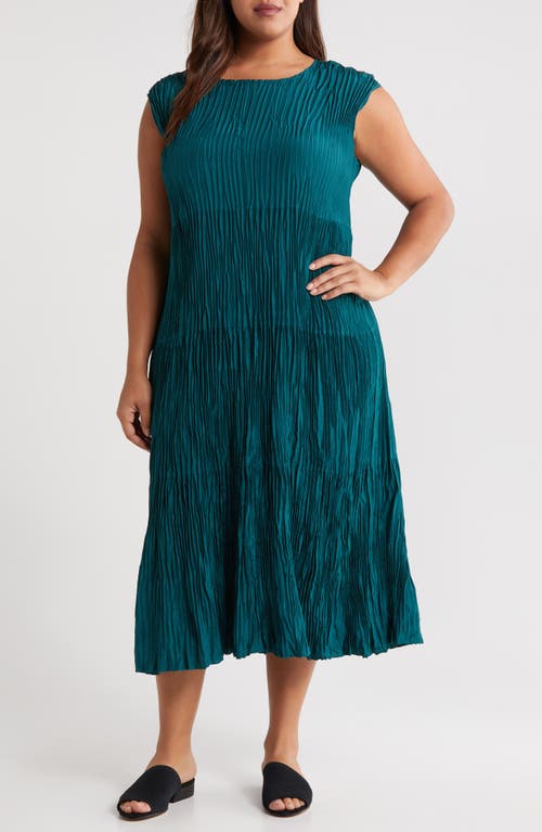 Tiered Pleated Silk Midi Dress in Aegean