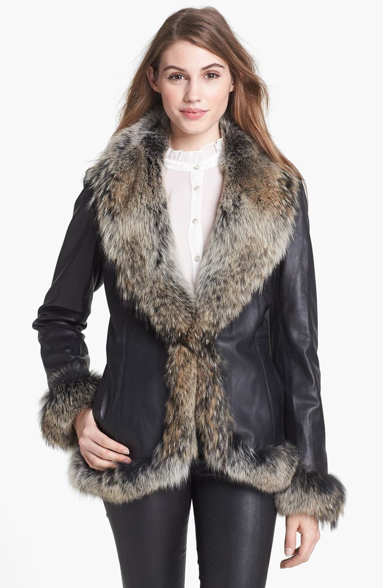 Chosen Furs Genuine Coyote Fur Trim Leather Coat | Nordstrom