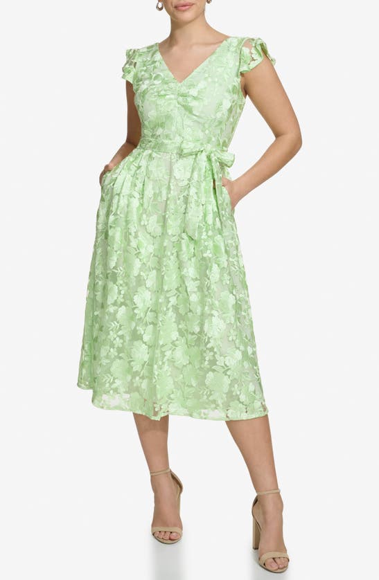 Shop Kensie Floral Embroidered Fit & Flare Midi Dress In Lily Green
