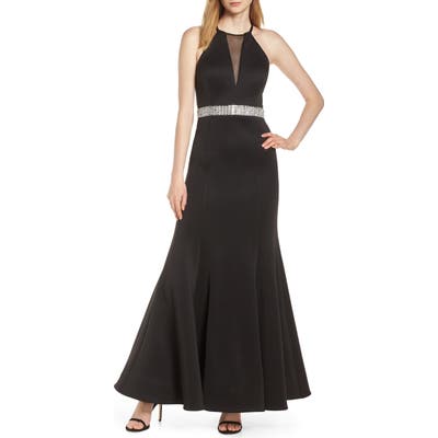 Morgan & Co. Jeweled Waist Scuba Crepe Evening Dress, Black