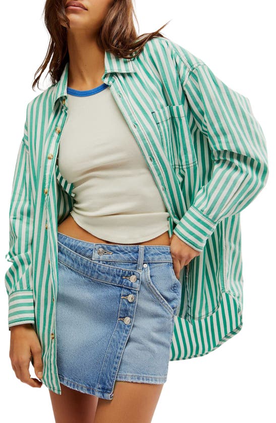 Shop Free People Freddie Stripe Oversize Button-up Shirt In French Green Combo