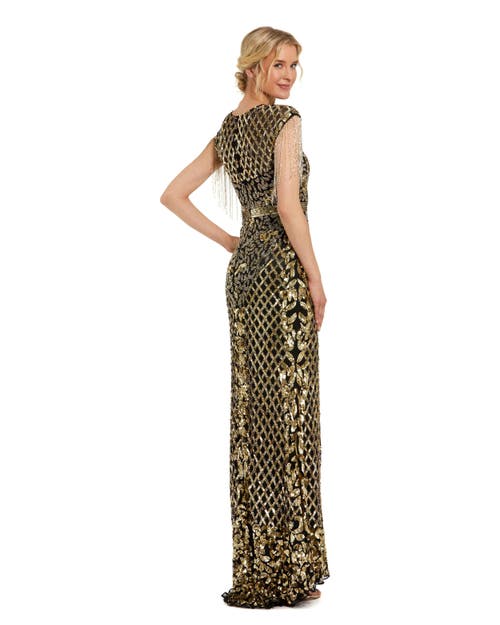 Mac Duggal High Neck Sleeveless Beaded Fringe Fitted Gown In Black Gold