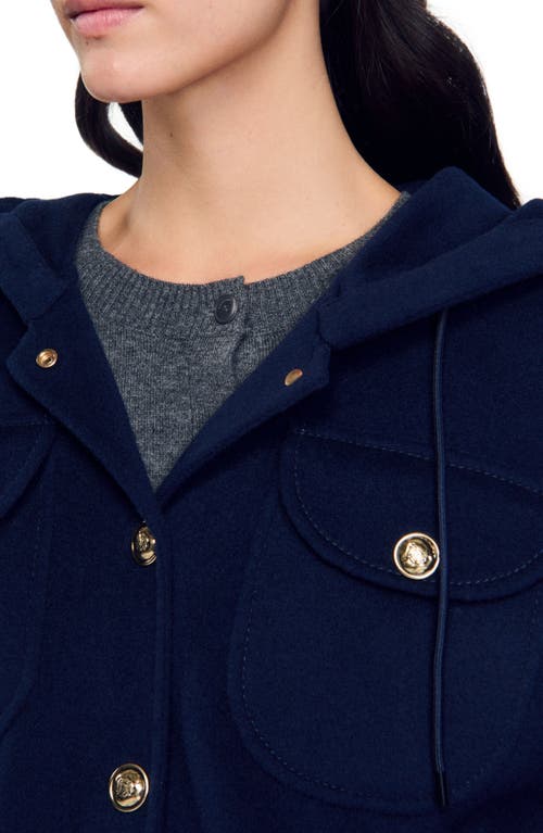 Shop Sandro Double-faced Wool Coat In Navy Blue