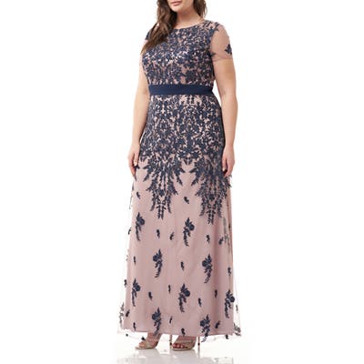 Plus Size Js Collections Embroidered Floral Gown, Beige