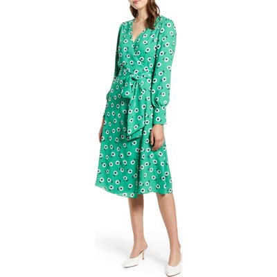 Petite Halogen Long Sleeve Wrap Midi Dress, Green