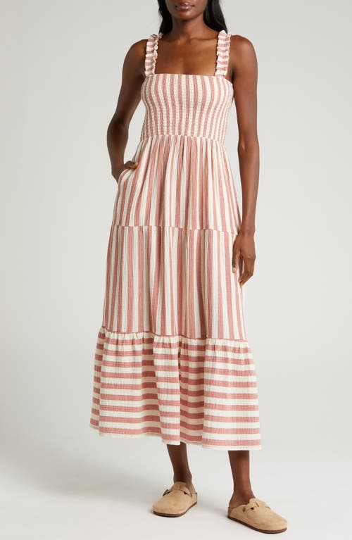 Marine Layer Selene Stripe Smocked Cotton Maxi Sundress In Auburn/white Stripe