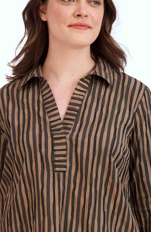 Shop Foxcroft Sophie Crinkle Stripe Cotton Blend Popover Shirt In Almond/black