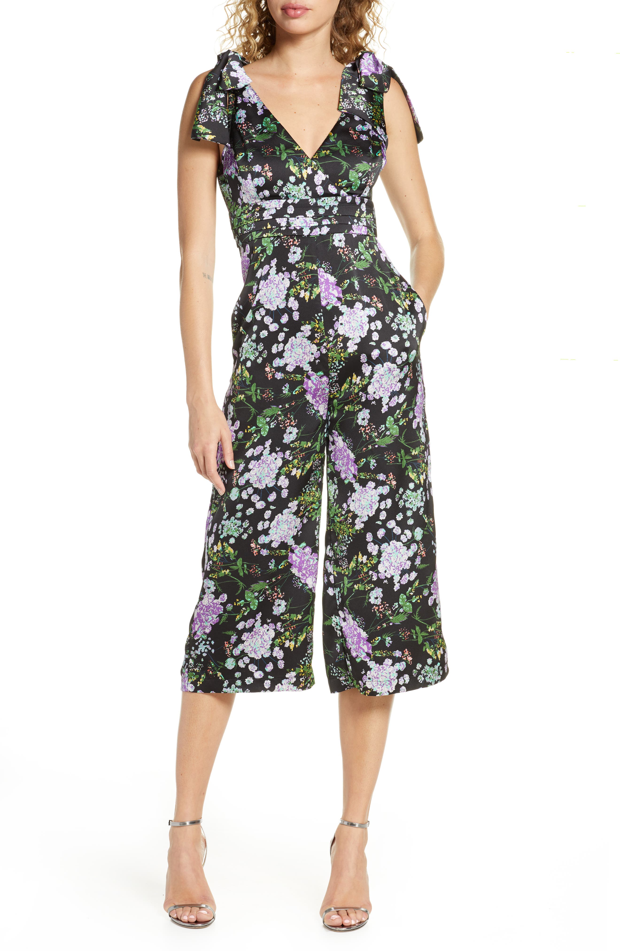 Foxiedox Floral Print Tie Shoulder Jumpsuit, Black