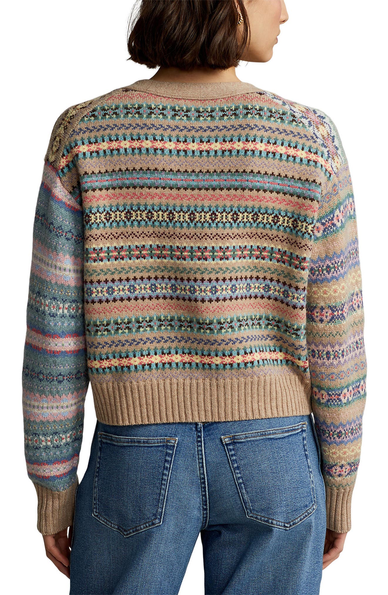 Ralph Lauren Women's Paneled Fair Isle V-Neck Cardigan - Size XL in Tan Multi