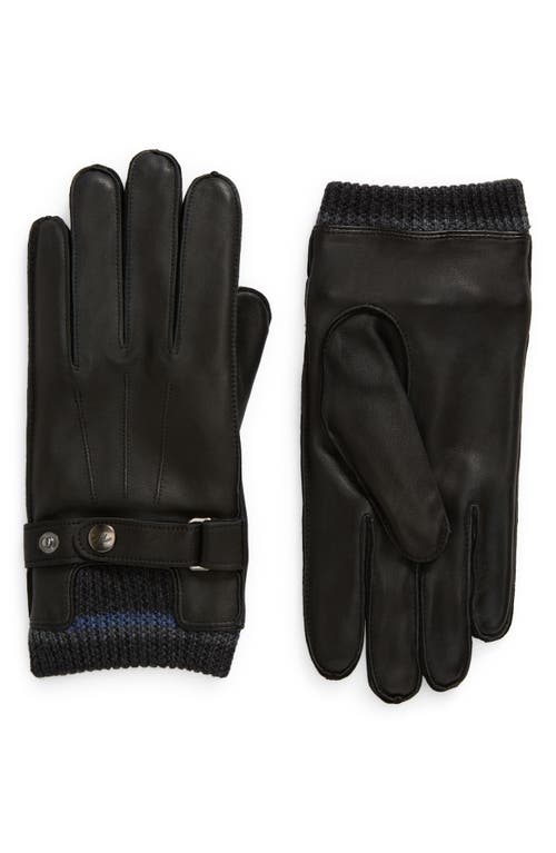 Robert Barakett Knit Wool Cuff Strap Detail Leather Gloves In Black