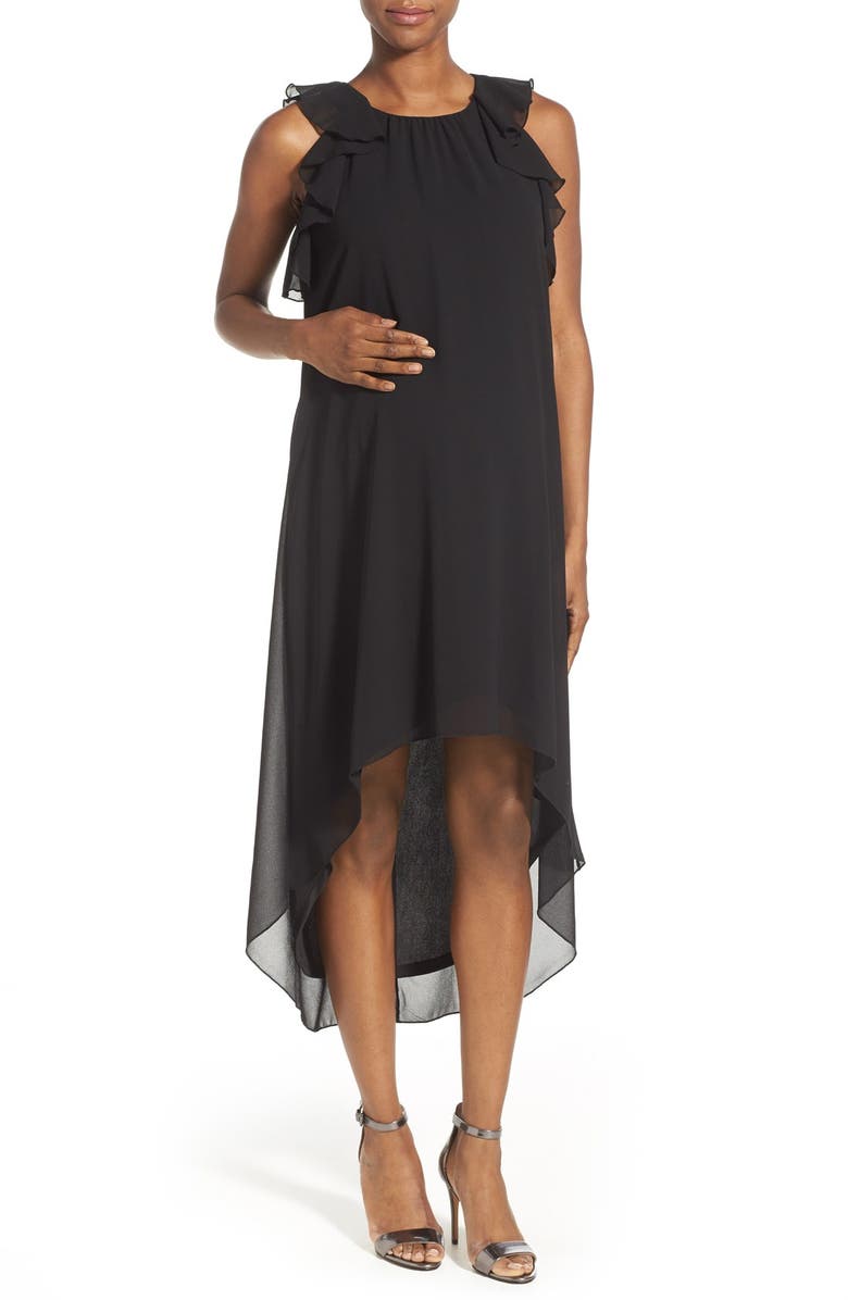 MATERNAL AMERICA Ruffle Chiffon High/Low Maternity Dress, Main, color, 001