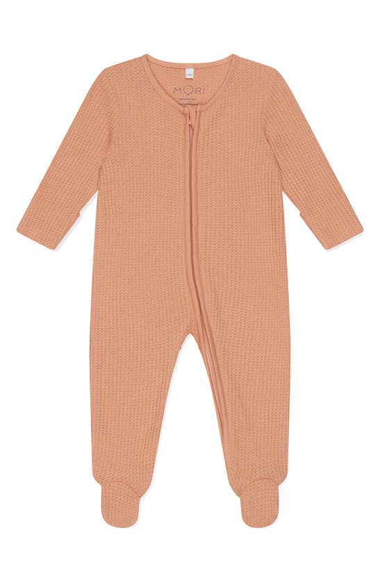 Shop Mori Clever Zip Waffle Fitted One-piece Footie In Peach