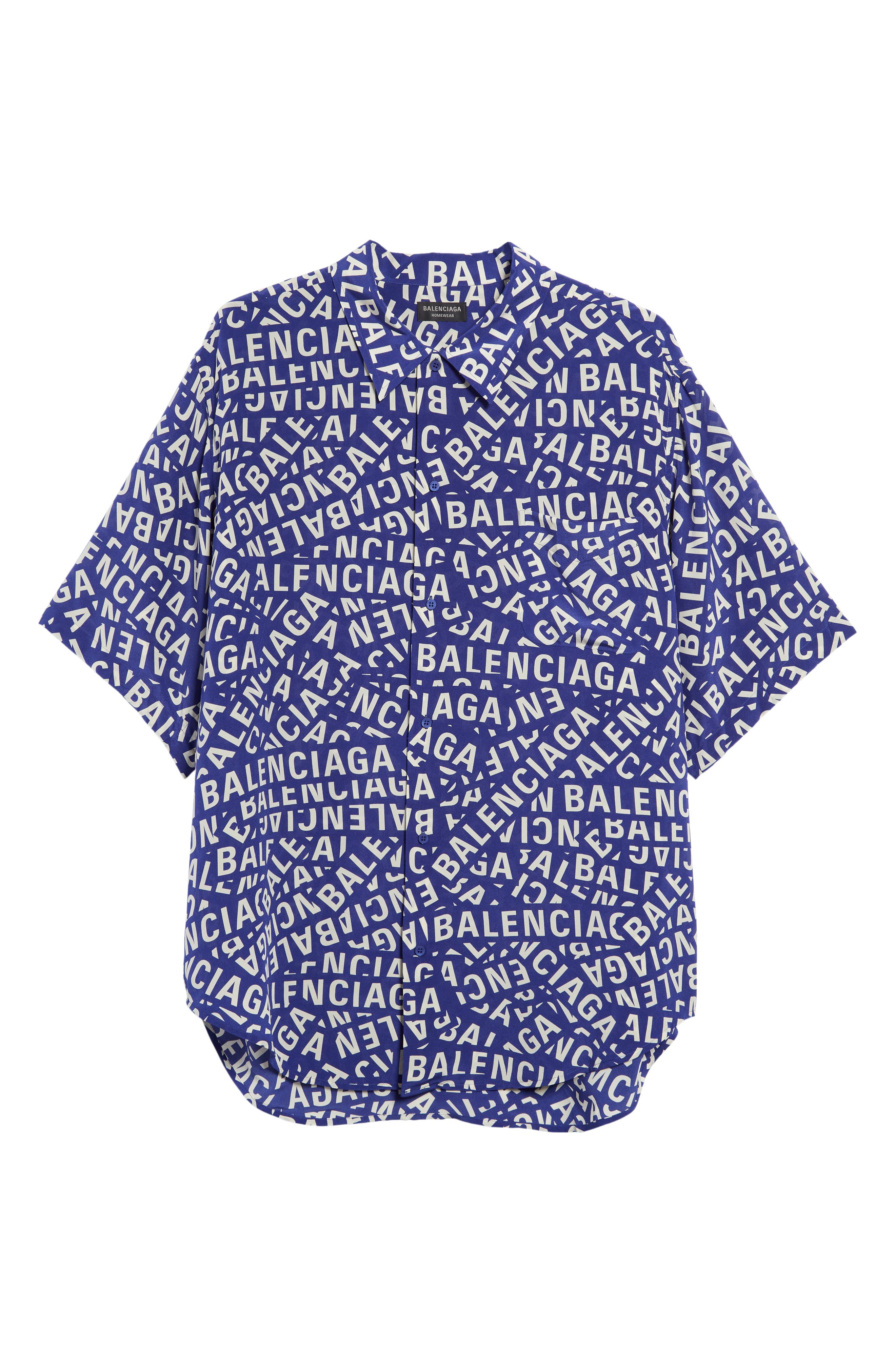 Balenciaga Logo Strips Short Sleeve Silk Pajama Shirt in Blue