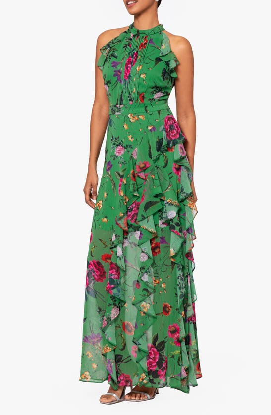 Shop Betsy & Adam Floral Print Metallic Ruffle Chiffon Gown In Green/ Multi