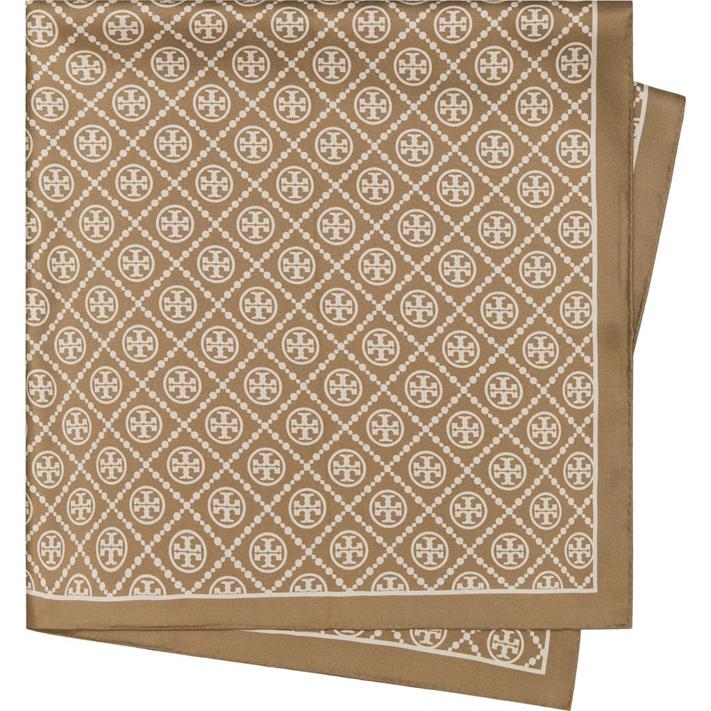 Tory Burch T Monogram Double-sided Silk Square Scarf In Natural Khaki