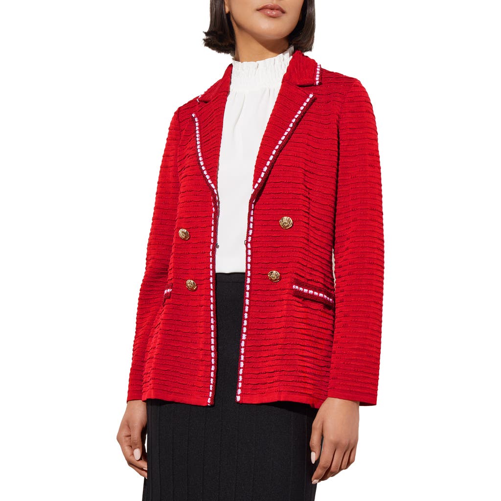 Ming Wang Contrast Trim Textured Knit Blazer In Garnet/ivory/black