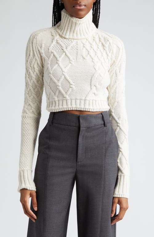Cutout Cable Knit Crop Merino Wool Turtleneck Sweater in Ivory