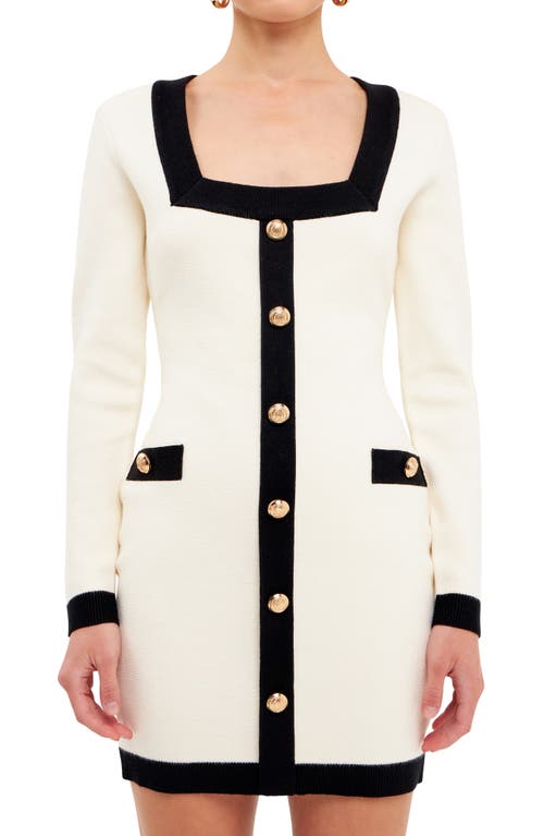 Endless Rose Contrast Trim Long Sleeve Knit Minidress In Cream/black
