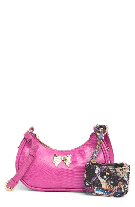 Betsey Johnson Croc-embossed Crescent Crossbody Bag & Pouch In Berry With Butterfly Print