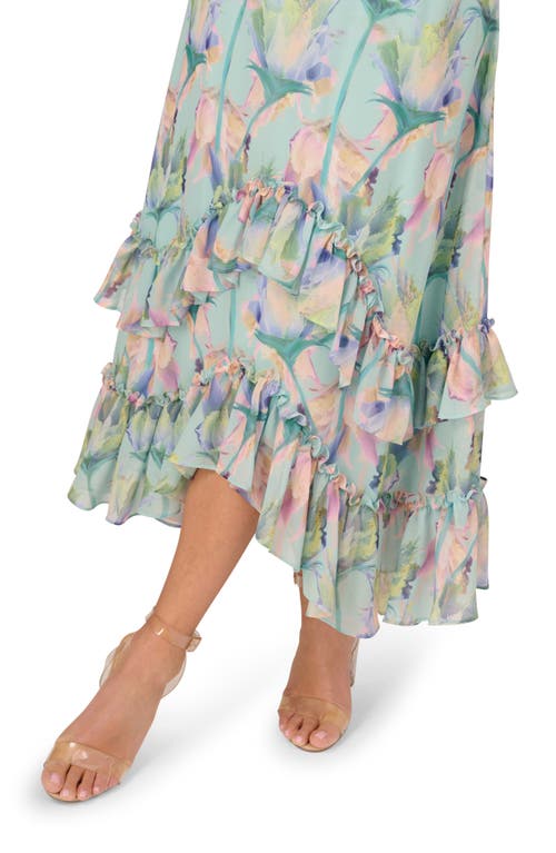 ADRIANNA PAPELL ADRIANNA PAPELL FLORAL RUFFLE DETAIL HANDKERCHIEF HEM MIDI DRESS 