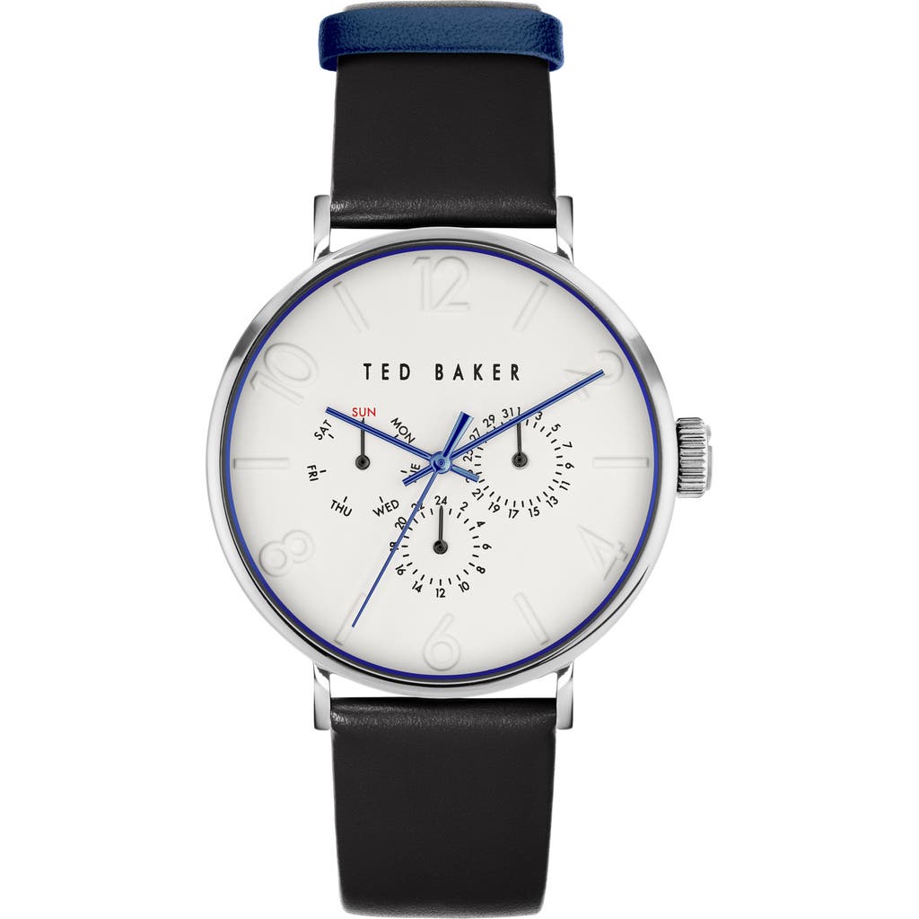 Ted Baker London Phylipa Gents Leather Strap Watch, 41mm In Silver/white/black