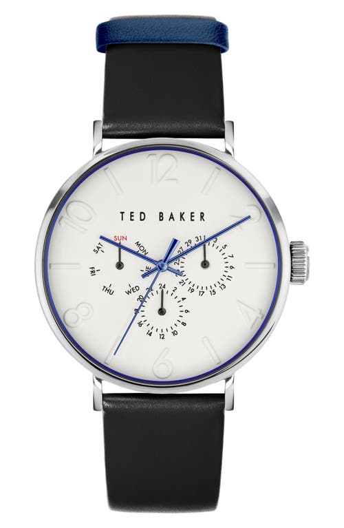 Shop Ted Baker London Phylipa Gents Leather Strap Watch, 41mm In Silver/white/black