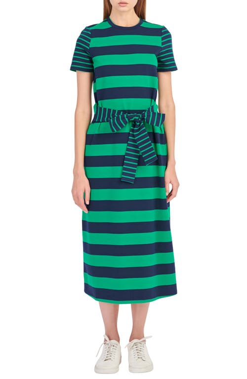 Stripe Tie Front Midi T-Shirt Dress in Navy/Green