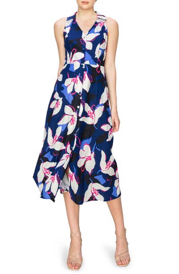 Melloday Floral Sleeveless Midi Shirtdress In Navy Print