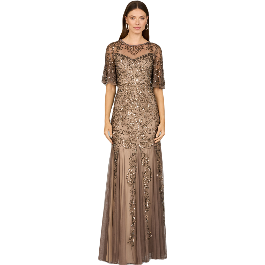 Lara New York Short Sleeve Sheath Beaded Gown In Bronze