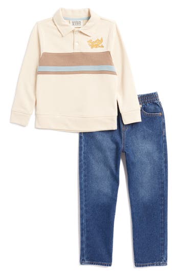 Scotch & Soda Big Boys Cotton French Terry Polo Denim Pant Set In Parchment