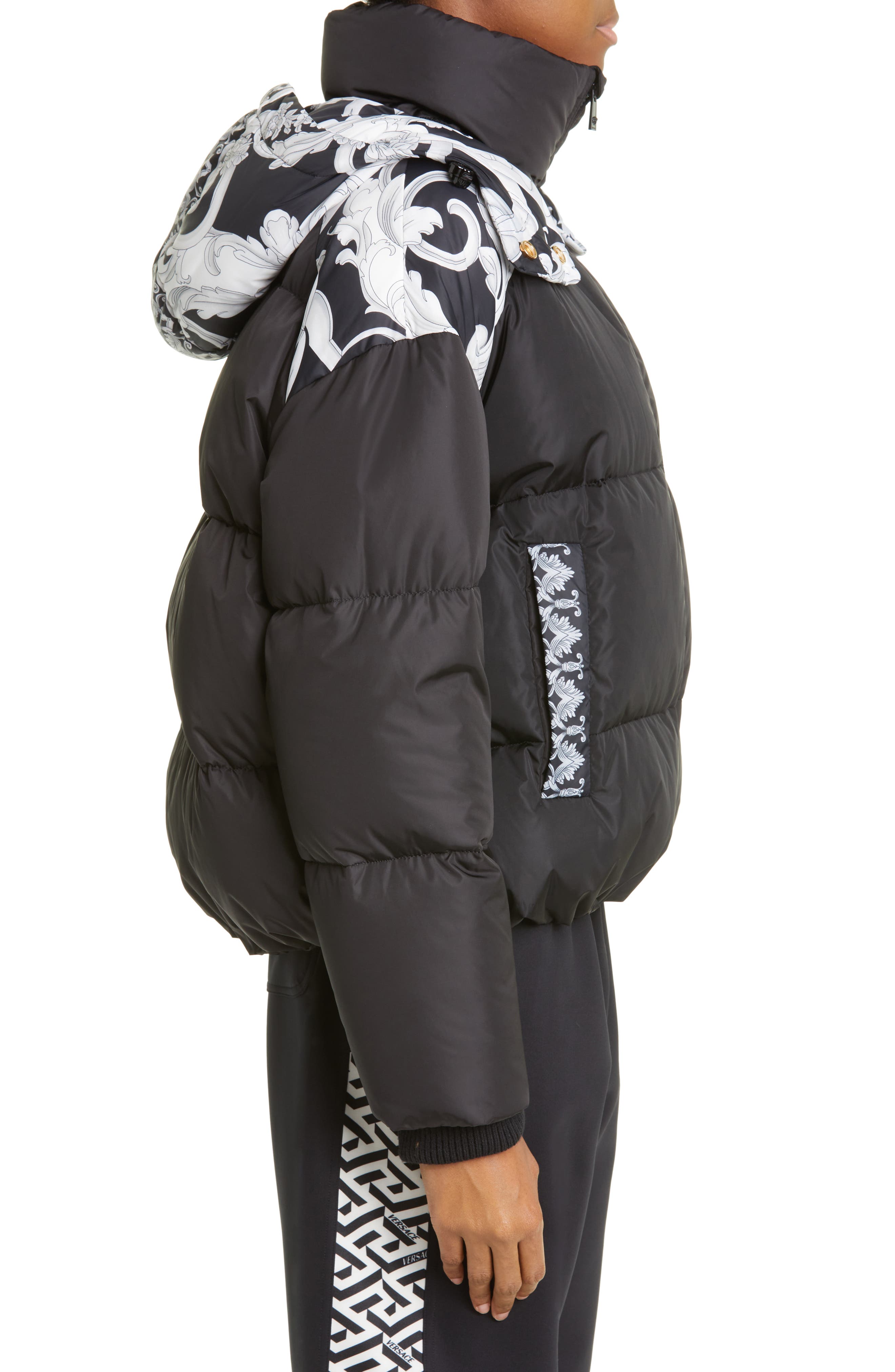 Versace Women's Silver Baroque Print Down Puffer Jacket in Black Print