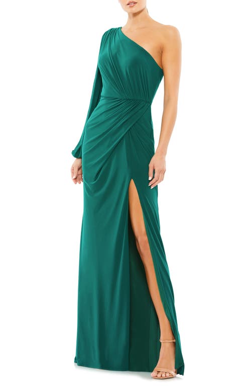 Mac Duggal One-Shoulder Long Sleeve Ruched Jersey Gown in Emerald